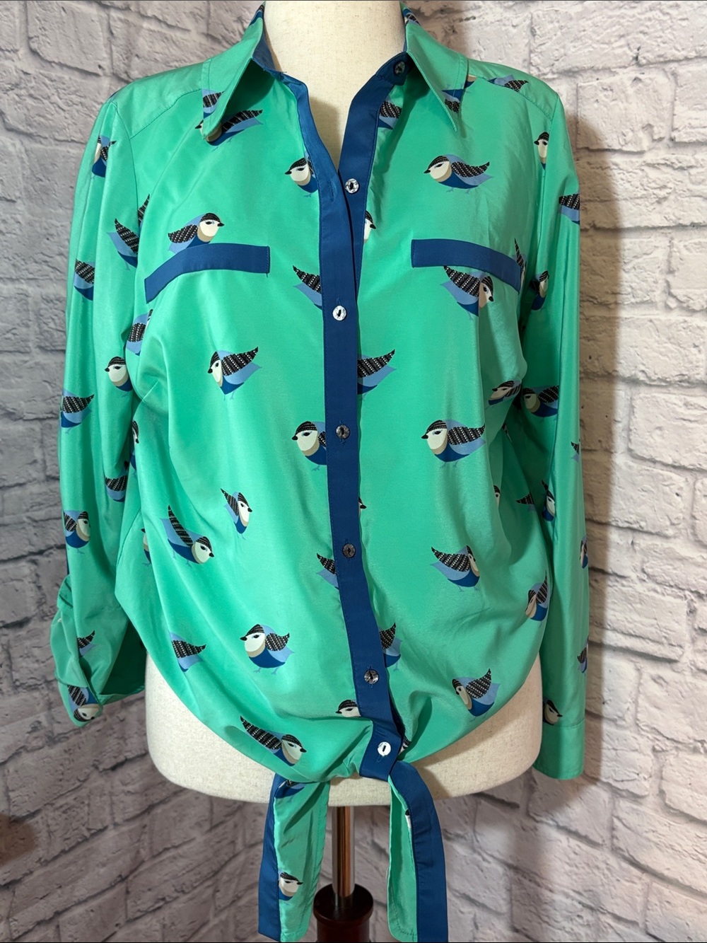 Style & Co. Sea Green Button-Front Graphic Bird Print Navy Trim Front Tie 1X